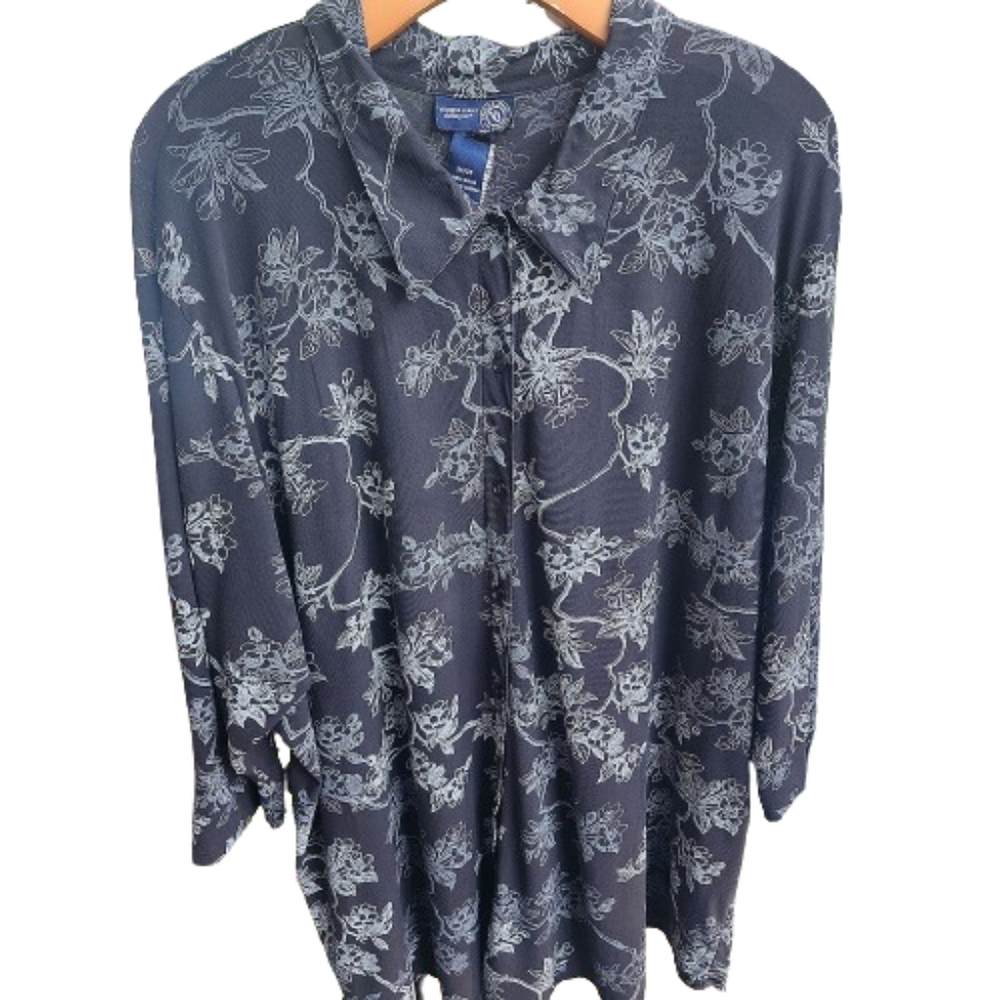 VTG Venezia Jeans Gray & White Floral Bloomcore Short Sleeve Button Shirt